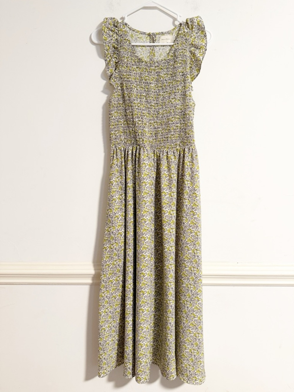 Melloday Floral Smocked Flutter Sleeve Maxi Dress Yellow Large L
